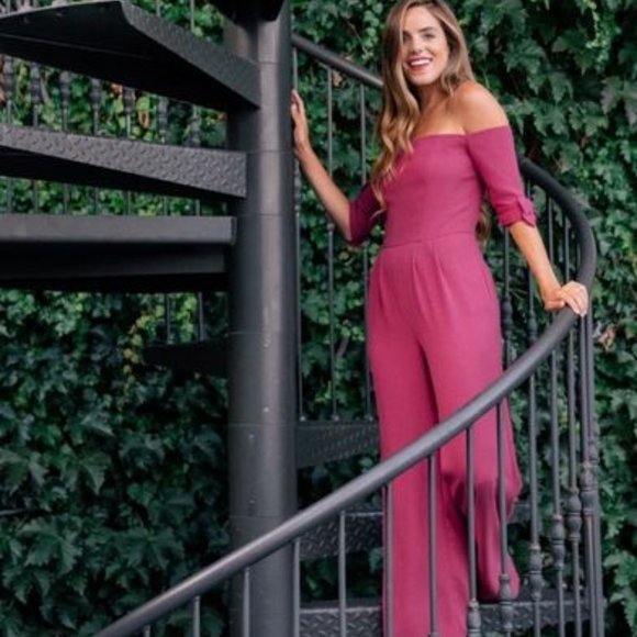 Gal Meets Glam Collection - Meredith pink jumpsuit - off the shoulder with bows - Picture 2 of 15